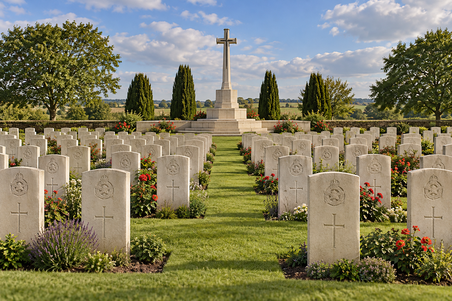AI-generated illustrative scene of a war graves cemetery; not the actual burial or memorial location